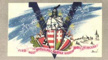 1943 Sieg Heil! Győzelmes Magyar Esztendőt! Vincere! / Propaganda horogkeresztes német és fasiszta olasz címerrel / propaganda card with German and Italian national socialist coat of arms. Minicard (12 cm × 7 cm)