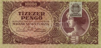 1945. 10000P normál bélyeggel erősen felfelé csúszott nyomat + 10000P "B" lemezhibás bélye...