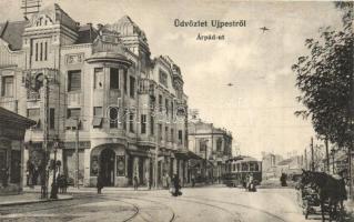 Budapest IV. Újpest, Árpád út, villamos, gyógyszertár, cukrászda, cipő üzlet + K.u.K. Reservespital Sanok (r)