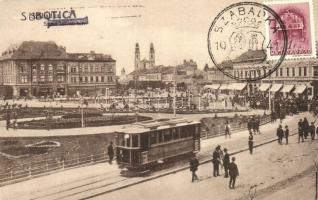 Szabadka, Subotica; Szent István tér, villamos, üzletek / square, tram, shops 1941 Szabadka visszatért So. Stpl