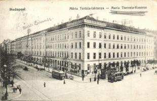 Budapest IX. Mária Terézia-laktanya, villamos, üzletek. Schwarcz J. kiadása (EK)