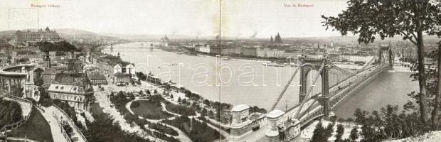 Budapest I. Szent Gellért szobor, Gellért-hegy, Lánchíd, Döbrentei tér, Purgo üzlet, Tabáni sörcsarnok. kihajtható panorámalap (fl)