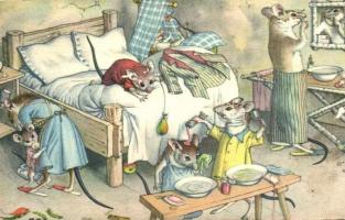 Mouse family in the morning. Alfred Mainzer Nr. 4767. - modern postcard (EK)