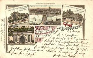 1896 (Vorläufer!) Budapest, Keleti pályaudvar, Lánchíd, Bazilika, Nyugati pályaudvar, Alagút. Carl Otto Hayd No. 395. floral Art Nouveau litho (kis szakadás / small tear)