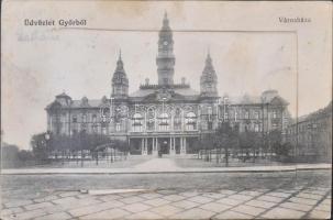 Győr, Városháza. leporellólap, belül: Vasútállomás, Lloyd épület, Royal és Fehérhajó szálloda, Református templom, stb. Hermann Izidor kiadása