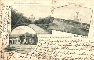 1900 Kunszentmárton, Kossuth utca, Kápolna, Körös híd, Piac, Bozóky Sándor üzlete, vas üzlet (szakadás / tear)