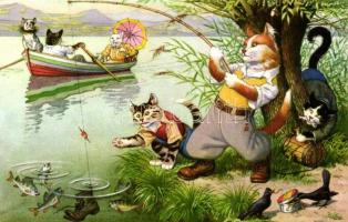 Cats fishing by the lake. Max Künzli No. 4730. - modern postcard