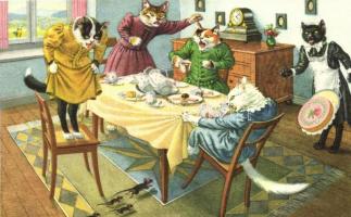 Cat ladies scared of mice. Max Künzli No. 4678. - modern postcard