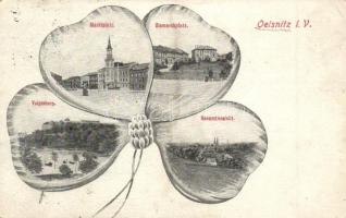 Oelsnitz i. Vogtl., Voigtsberg, Marktplatz, Bismarckplatz / castle, squares. Clover montage postcard (EK)