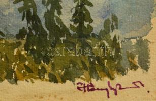 Haranghy Jenő (1894-1951): Gomolyfelhők a falu fölött. Akvarell, papír, jelzett, üvegezett keretben,...