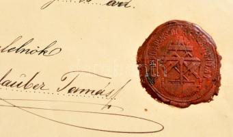 1876 a Budapesti Ácsok Ipartestülete díszes tanlevele ácstanonc részére, kis sérüléssel, viaszpecsét...