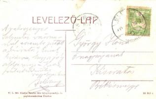 Élesd, Alesd; Kossuth tér, kút, Klein Bernáth és Jakabfi Jakab üzlete, Sándor Mór nyomdája, papírker...