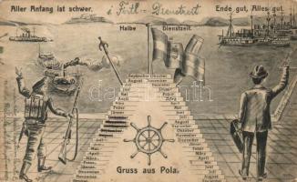 Gruss aus Pola. Aller Anfang ist schwer, Halbe Dienstzeit, Ende gut, Alles gut. / K.u.K. Kriegsmarine, humorous mariner art postcard. G. Fano (EK)