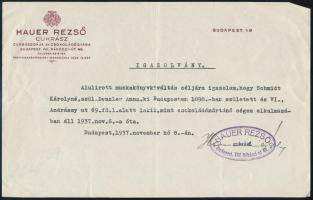 1937 Bp. Hauer Rezső cukrász cukrászdája és csokoládégyára fejléces levélpapírjára kiállított munkáltatói igazolás