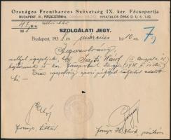 1938 Bp., Az Országos Frontharcos Szövetség IX. ker. Főcsoportja által kiállított szolgálati jegy