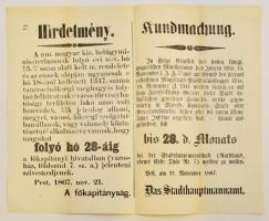 1867 Pest, a főkapitányság hirdetménye a közszolgálatot teljesítő volt honvédek részére, magyar és német nyelven, hajtással, 34×42 cm