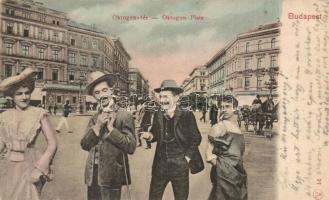 Budapest VI. Oktogon tér. Montázslap cipészinassal / montage postcard