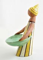 Leány tállal, kézzel festett mázas kerámia figura, jelzett (ME v MM), kis mázhibával, m: 50 cm, d:40...