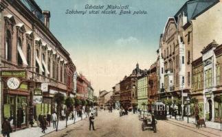 Miskolc, Széchenyi utca, Bank palota, Műórás és ékszerész, villamos, üzletek (EK)
