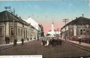 Mezőkövesd, Fő utca, Római katolikus templom, Kardos üzlete, Őrangyal gyógyszertár. Balázs Ferenc kiadása (EK)