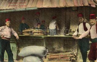 Bosanska pekara / Bosnische Bäckerei / Bosnian bakery, folklore, traditional costume. W. L. Bp. 1910. No. 9. (szakadás / tear)