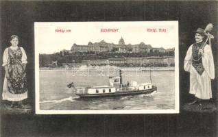 Budapest I. Királyi vár, gőzös. Népviseletes montázslap / folklore montage postcard