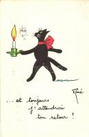 Cat walks with candle. French art postcard. s: René (EK)