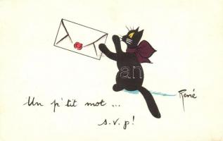 Cat with love letter. French art postcard. s: René (EK)