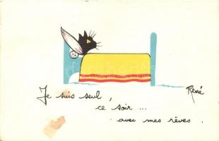 Sleeping cat. French art postcard. s: René (EB)