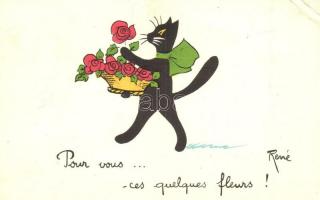 Cat with a bouquet of flowers. French art postcard. s: René (EK)