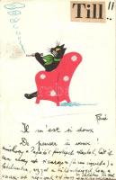 Cat smoking in armchair. French art postcard. s: René (EK)