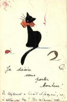 Cat with bowtie. French hand-drawn art postcard. s: Poui (EK)