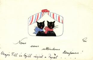 Cats singing. French hand-drawn art postcard. s: Poui (EB)