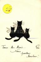 Cats watching the Moon or the Sun. French hand-drawn art postcard. s: Poui (EB)