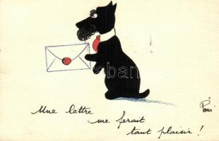Dog with letter. French hand-drawn art postcard. s: Poui