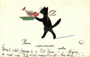 Cat with fishbones. French hand-drawn art postcard. s: Poui (EK)