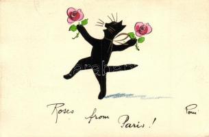 Cat with roses. French hand-drawn art postcard. s: Poui (EK)