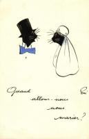 Cat wedding. French hand-drawn art postcard. s: Poui (EK)