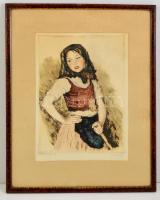 Glatz Oszkár (1862-1958)-Prihoda István (1891-1956): Parasztlányka. Színezett rézkarc, papír, jelzett, üvegezett keretben, 35×24 cm