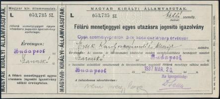 1937 Félárú vasúti utazásra jogosító igazolvány két fő részére, Szarvaskő-Budapest viszonylatra