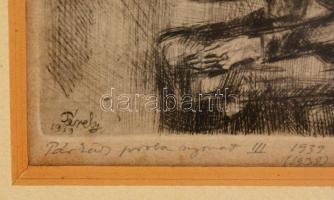 Pérely Imre (1898-1944): Párkák. Rézkarc, papír, jelzett, üvegezett kertben,24×11 cm