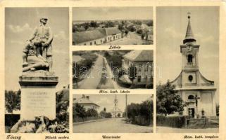 Tószeg, Hősök szobra, Római katolikus iskola és templom, utcakép. Hangya Szövetkezet kiadása (EK)
