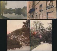 cca 1920-1930 Budapesti életképek (Ferenc tér, Gellért tér), 4 db színezett fotó, 6,5x9,5 és 11x8 cm közötti méretekben