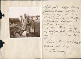 cca 1930 Két lap a világutazó Bartha-Sulkowszky  motoros páros emlékkönyvéből, kéziratok fényképek /...