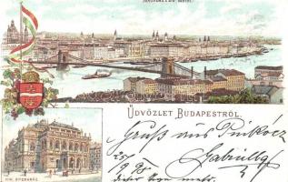 1898 (Vorläufer!) Budapest, Panoráma a Királyi vártól, Operaház. Címeres magyar zászlós litho