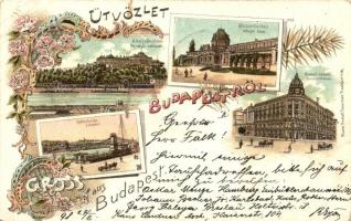 1898 (Vorläufer!) Budapest, Várbazár, Lánchíd, Margit fürdő, Nemzeti színház. Art Nouveau, floral, litho (EK)