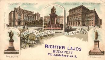 1897 (Vorläufer!) Budapest, Fővárosi vigadó, Deák, Petőfi és Eötvös szobor, Tudományos akadémia. Art Nouveau, floral, litho (EK)