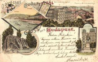 1898 (Vorläufer!) Budapest, Gellérthegy, margitszigeti forrás, Eötvös szobor, főgimnázium és főreáliskola. Art Nouveau, floral, litho (EK)