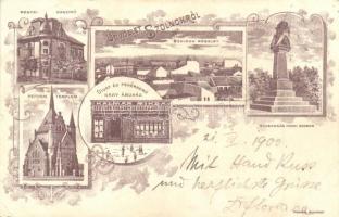 1900 Szolnok, Megyei Kaszinó, Szabadság honfi szobor, Református templom, Kalmár Miksa üzlete. Posner, floral, Art Nouveau (EK)