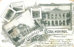 1898 Szolnok, Főgimnázium, Tisza-vidéki Hitelintézet, Megyeháza, Városháza, Sebők Nándor üzlete. Art Nouveau, floral (EK)